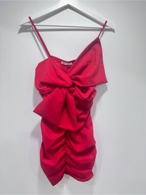 ZARA Vibrant Red Ruched Bodycon Mini Dress with Statement Bow Detail - Size M